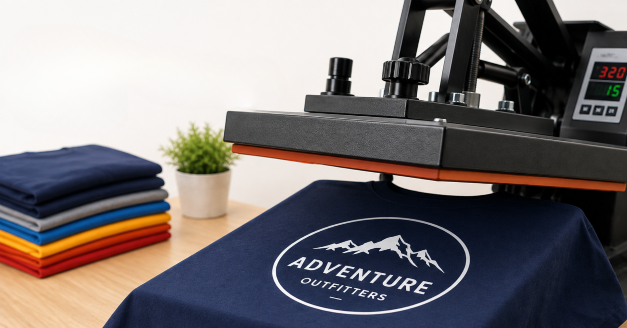 Navy shirt on heat press machine with a white logo that reads Adventure Outfitters